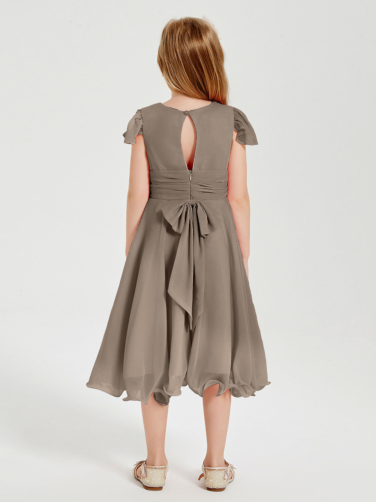 Chiffon Tea Length Junior Bridesmaid Dresses Taupe